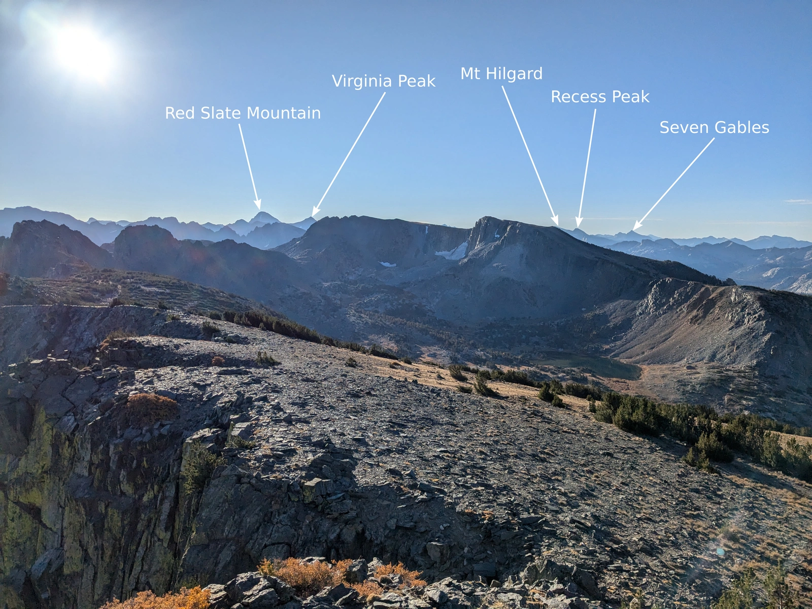 Southeast from Peak 3480: a look back towards Deer Lakes and some of the landmarks we'd passed over the past week, including a few of the Recess peaks from Day 2!