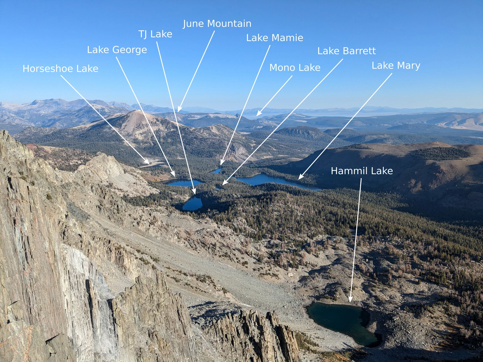North from Peak 3480: Mammoth Mountain and its entourage of alpine lakes. June Mountain and even Mono lake are visible in the distance. This was our first glimpse of Horseshoe Lake, our final destination!