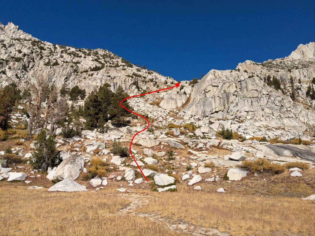 Our approximate route up the valley northwest of Laurel Lake