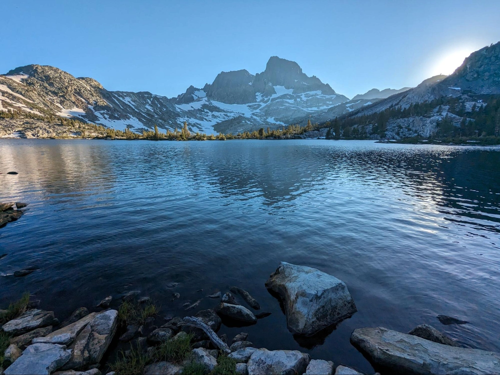 View of Mt Ritter and Banner Peak from our peninsula on Garnet Lake