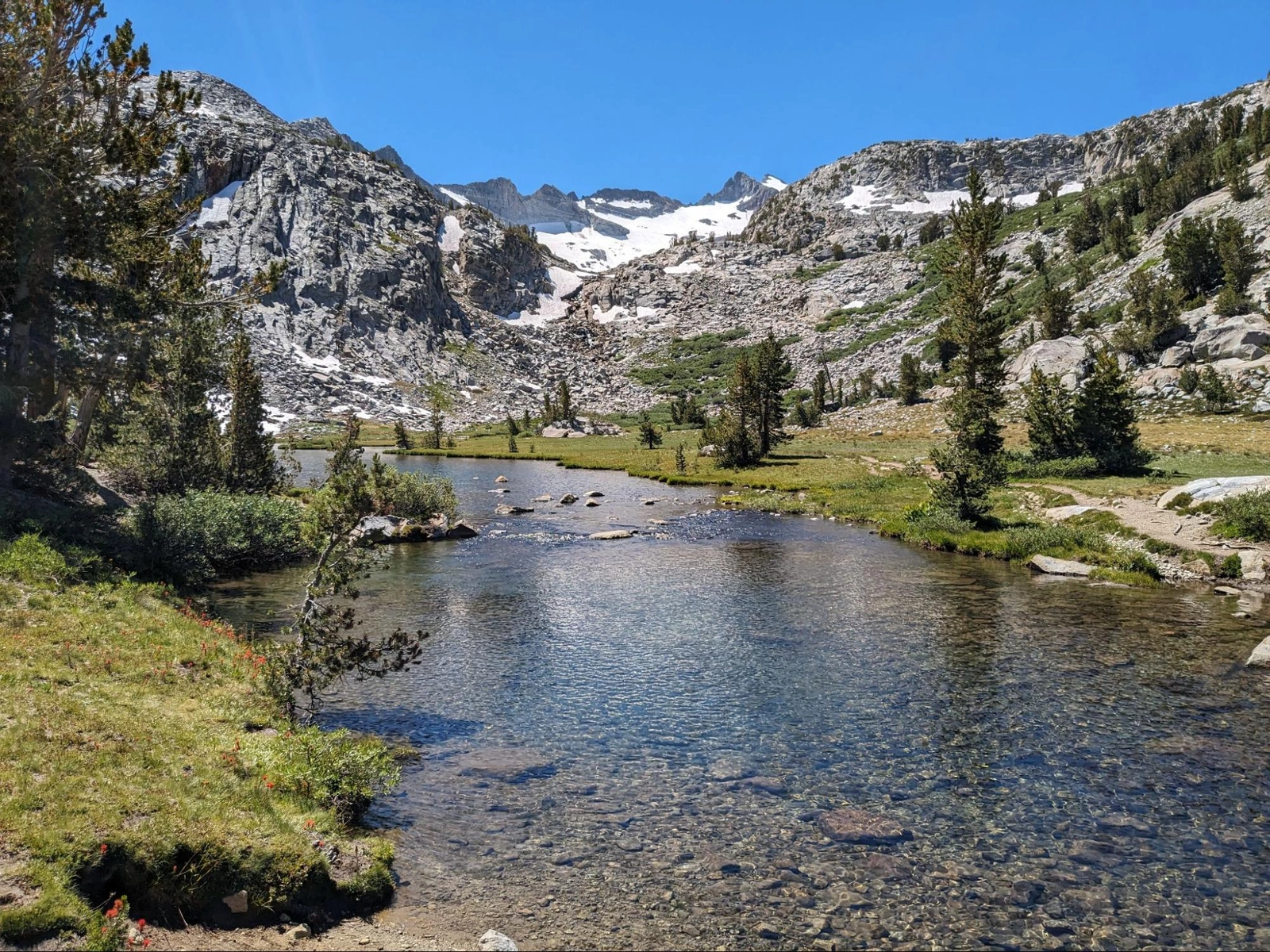 Looking back up towards Mt Lyell from a crossing over Lyell Fork