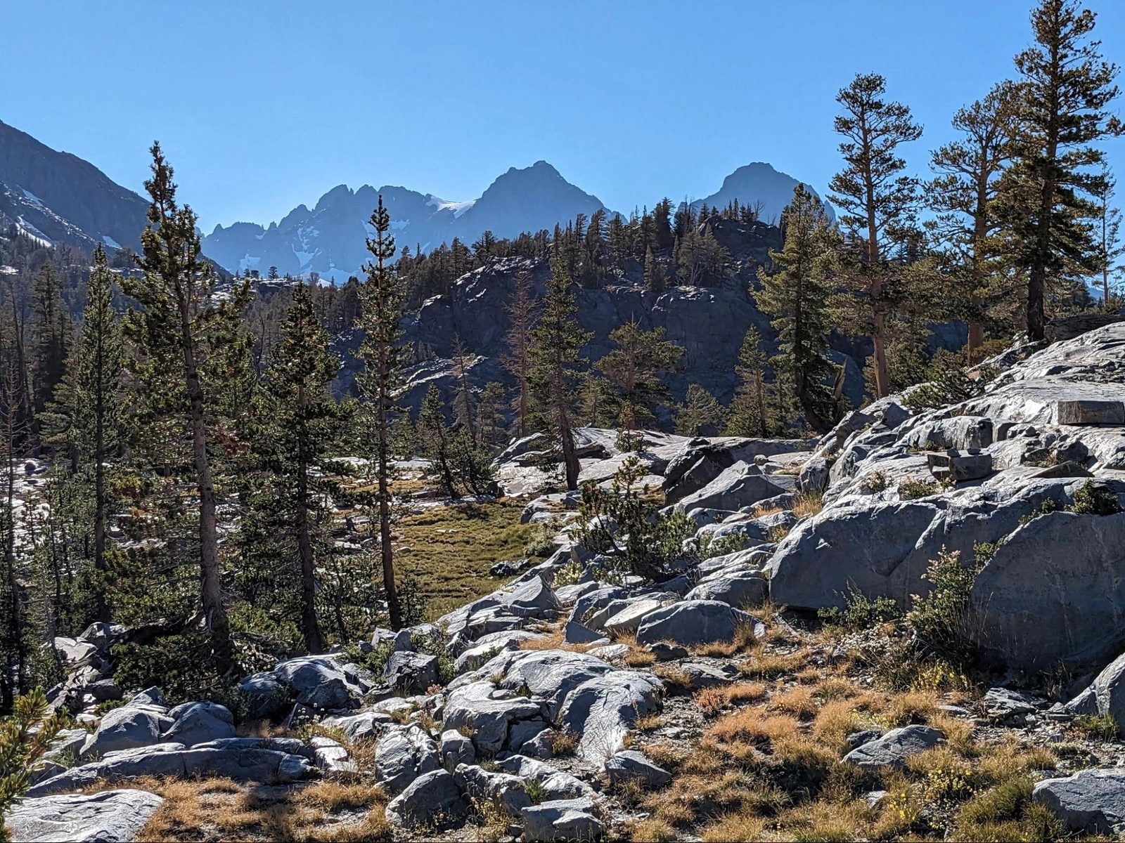 To the north, Mt Ritter (left) and Banner Peak (right) were looming slightly closer now.